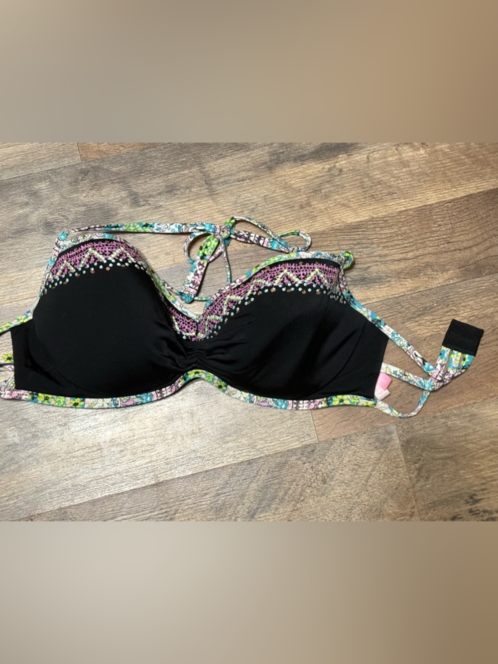 Victoria's Secret Black Bikini Top with Multicolor Embroidered Trim